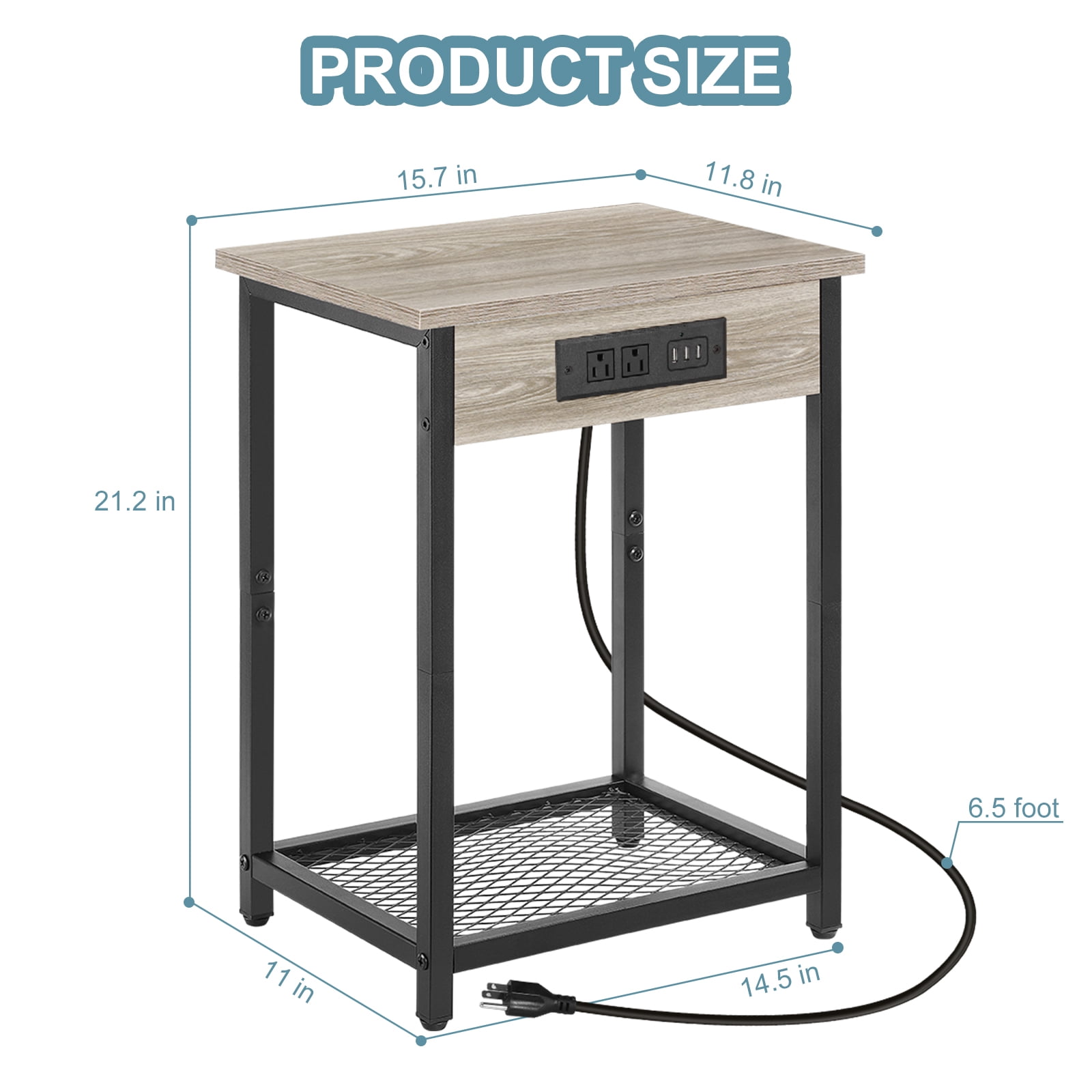 Oumilen Adult Nightstand End Table with Charging Station Gray, Set of 2