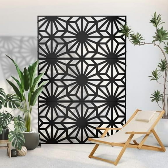 Domi Metal Privacy Screen, Outdoor Patio Screen Panels Decorative Fences Indoor Room Space Divider Stand Freestanding Privacy Screen for Patio, Garden, Balcony, Black (Sunflower)