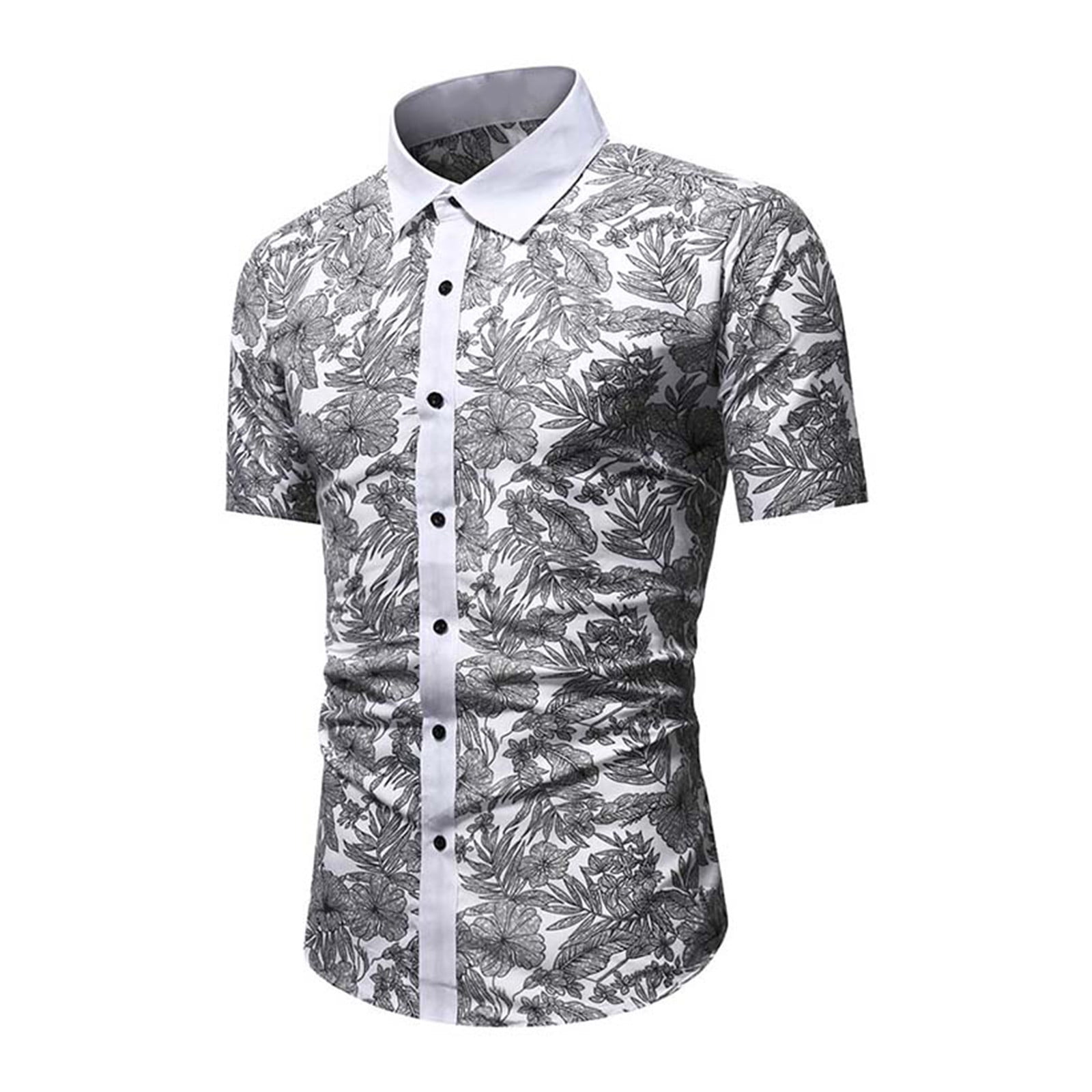 Mens Stylish Floral Short Sleeve Shirt Slim-Fit Printed Hawaiian T-Shirt Cotton Button Down Dress Shirts M-4XL 