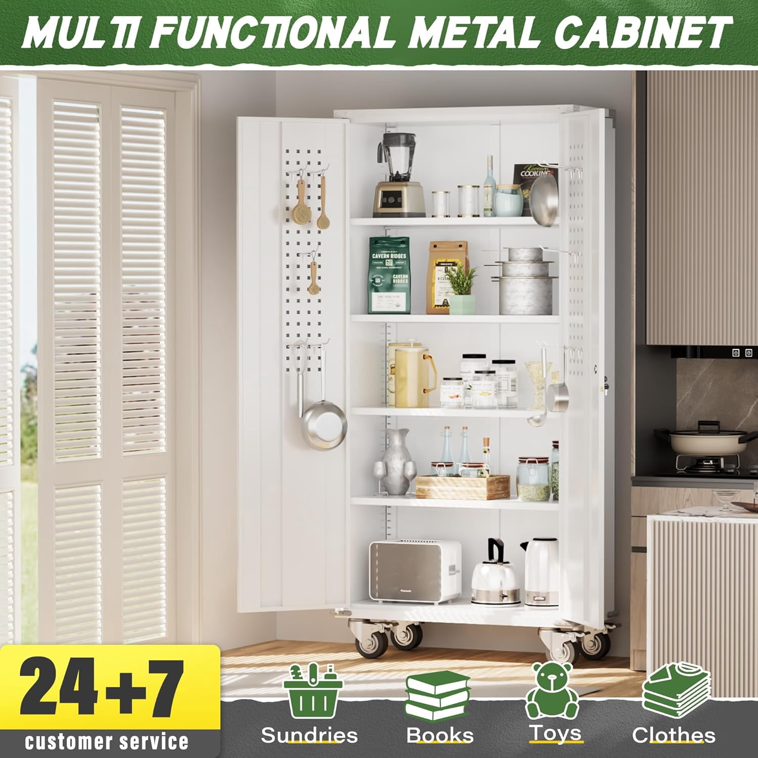 SUNCROWN Metal Storage Cabinet with Wheels,72” White Garage Storage Cabinet with Pegboards and Wheels, Rolling Tool Cabinet with Locking Doors and Shelves for Home,Basement, Kitchen Pantry,Warehouse