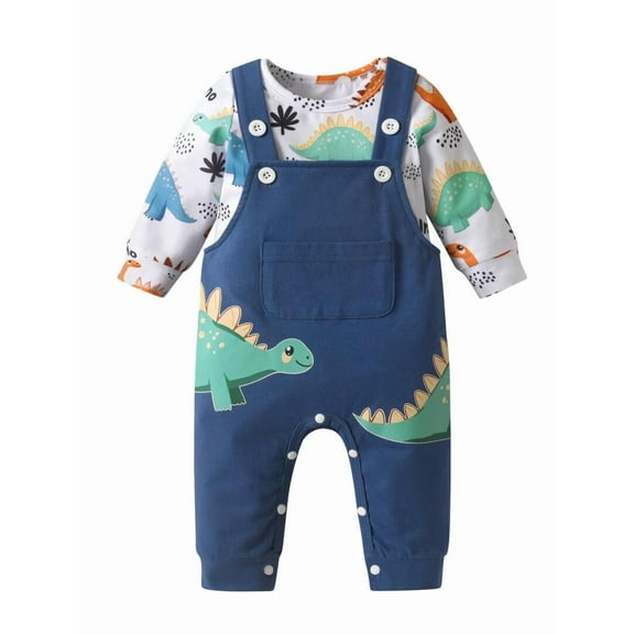 Infant Baby Boy Clothes Dinosaur Long Sleeve Romper Animal Style Suspender Pants Outfit Set Blue 0-3 Months
