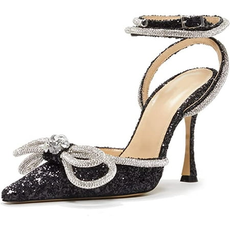 

THE SHY Ankle Strap Sandals Rhinestone Bow Slingback Stilettos Glitter Wedding Heeled Sandal