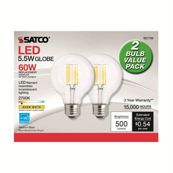 2Pk - Satco 5.5w 120v G25 LED Filament 2700k Warm White E26 Base Dimmable Bulb