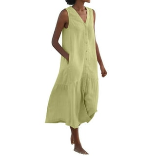 knee length dresses for ladies Oui 87560 Light Blue Split Neck Linen Dress  Olivia Grace Fashion