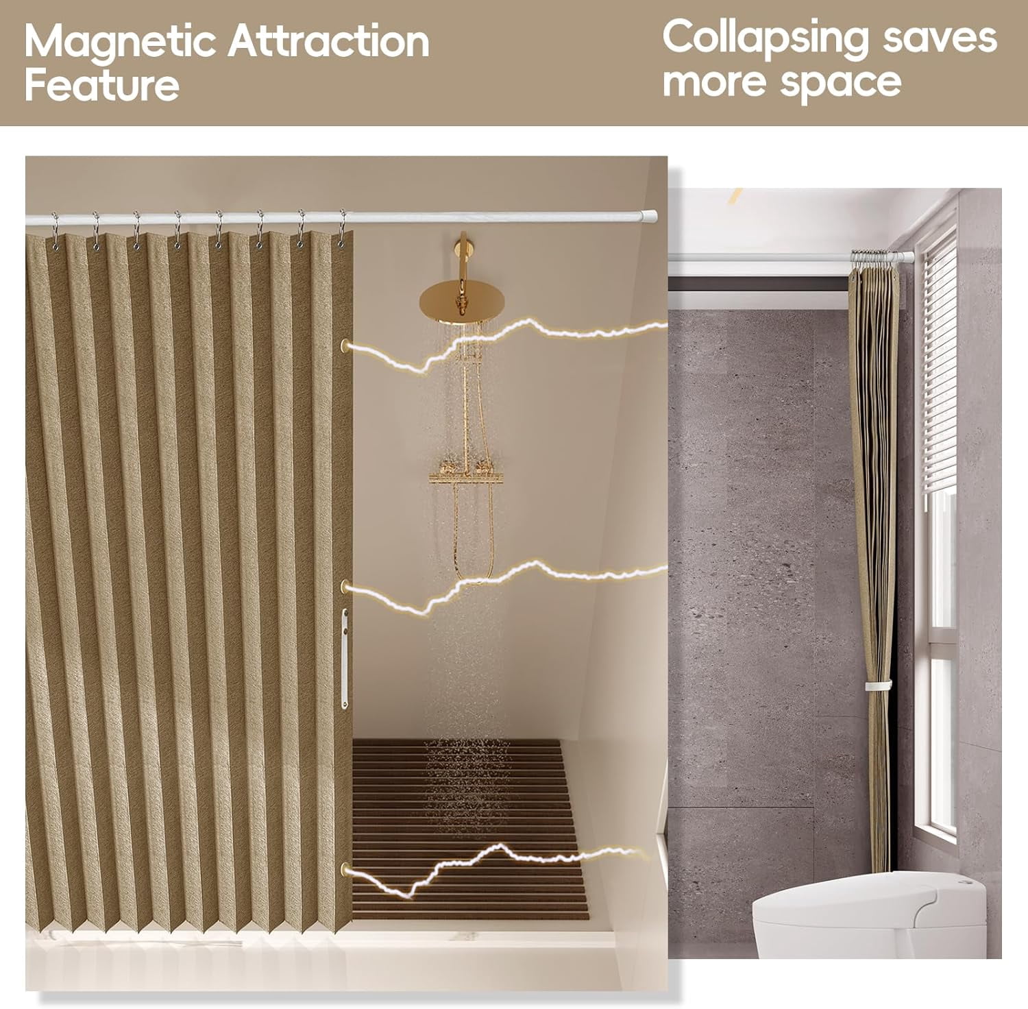 Magnetic Folding Shower Curtains Acordion Shower Curtain Fabric Polyester Waterproof Shower Curtains Suitable for Family Hotel Homestay Bathroom (Brown,77" W x 72" L) 1 Panel