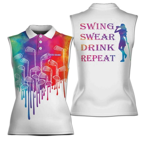 Custom Name Swing Swear Drink Repeat Golf Women Sleeveless Polo XS-4XL