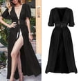 thumbnail image 2 of Womens V-Neck Chiffon Maxi Kimono Swim Cover-Up with Tie Waist & Guipure Lace Insert Solid Black (S), 2 of 9
