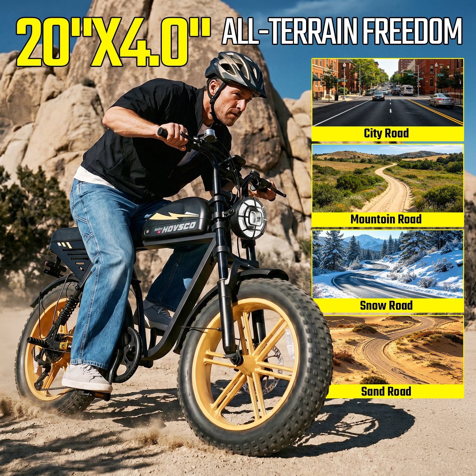 HOVSCO Electric Bike for Adults, 750W Motor, 60 Miles Range, 20'' Fat Tire E-Mountain Bike, 7-Speed E-Bike with Full Suspension UL2849
