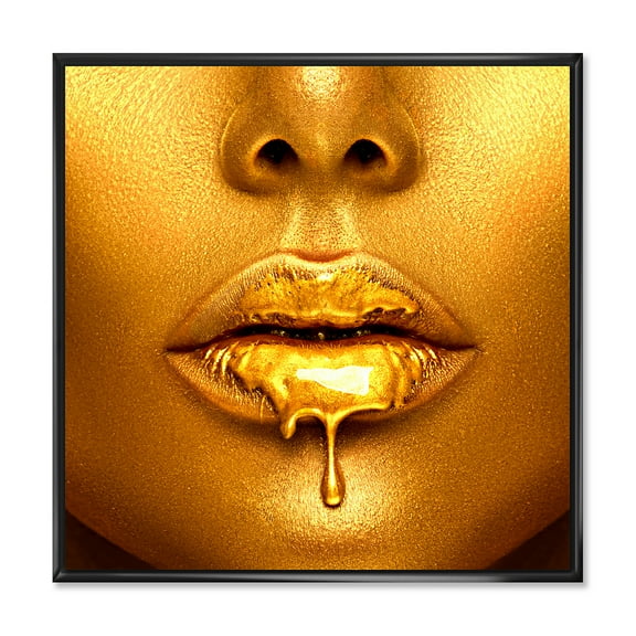 Designart 'Gold Paint Drips From Sexy Girl Lips' Modern Framed Canvas Wall Art Print