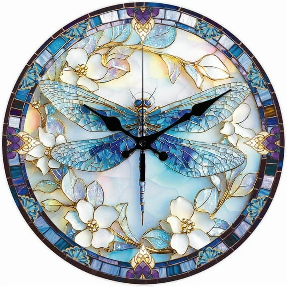 Dragonfly Wall Clock Non-Ticking Clock 12 Inch Round Decorative Clocks Printed Wall Clocks for Home Office Decoration