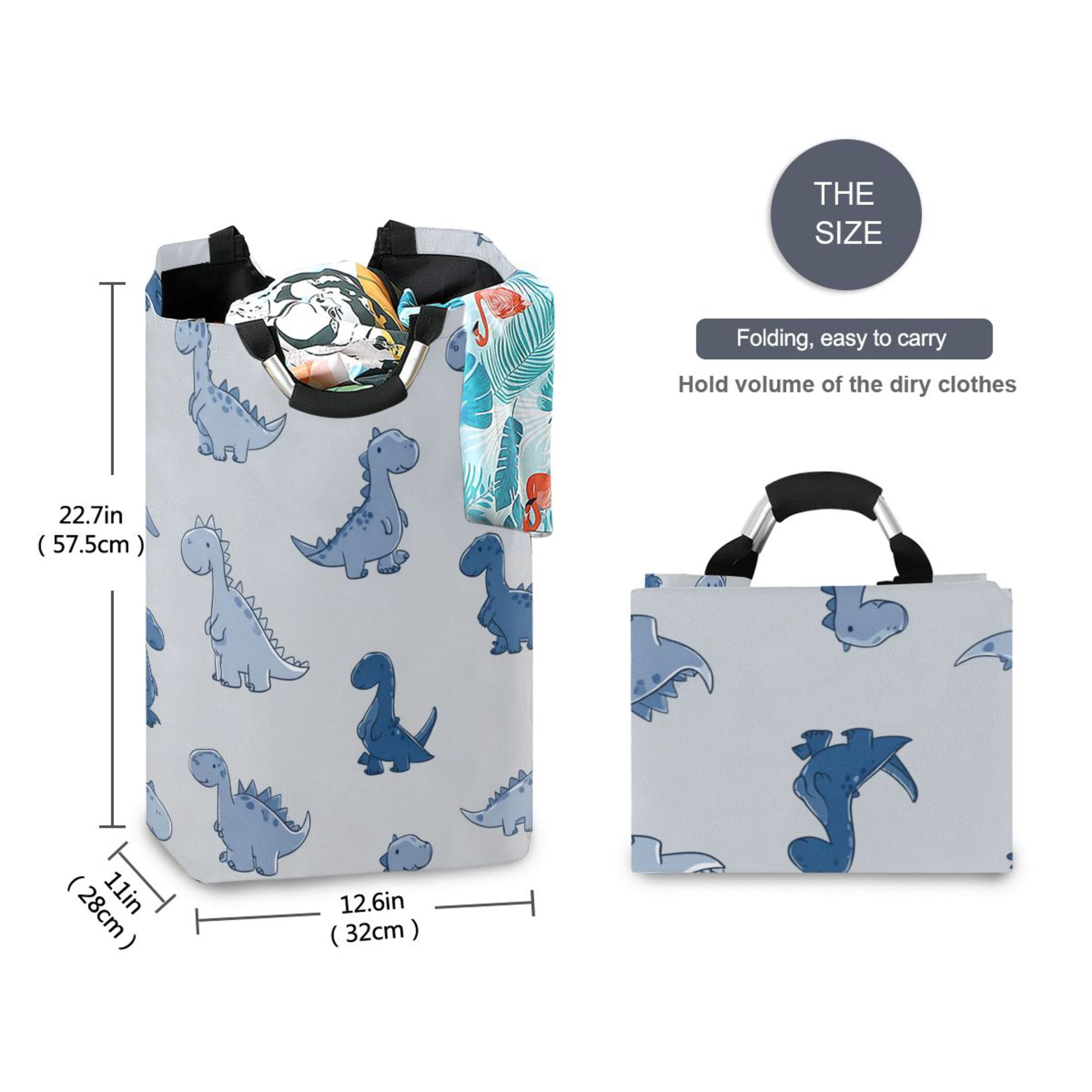 Foldable Laundry Hamper Bag with Handles Dirty Clothes Basket 12.6" x 11" x 22.7" Cute Blue Dinosaurs
