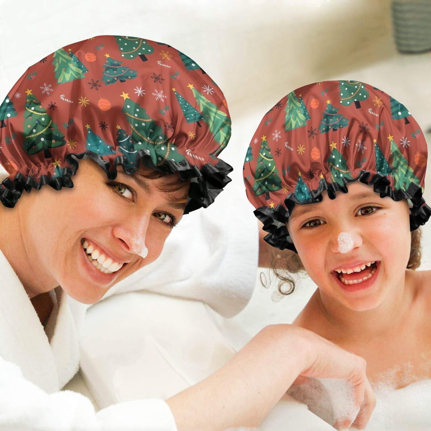 Shower Caps,Red Christmas Tree and Ornament Pattern Waterproof Shower Cap for Women 4 Pieces,Double Reusable Hair Cover for Shower PEVA Elastic Stretch Hem