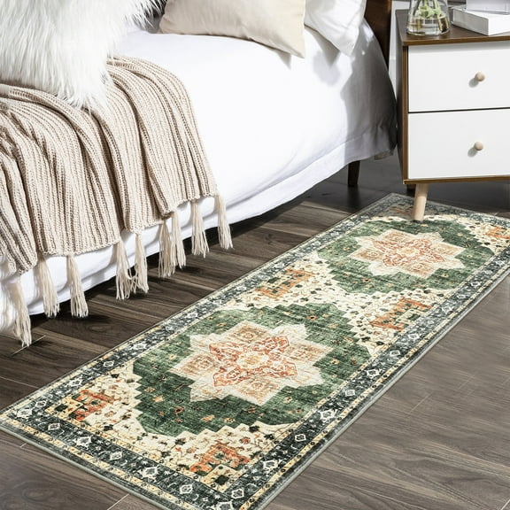 EastVita Area Rugs Carpets 2'*6' Runner Rug Vintage Persian Distressed Rug No-Slip Stain-resistant Low Pile Runner Rug for Hallway Kitchen Home Decor,Green Green tone 2*6ft