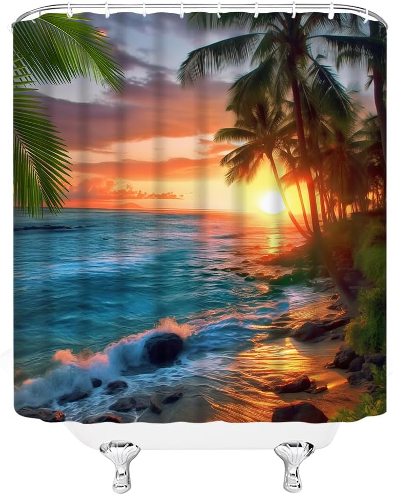 Ocean Sunset Shower Curtain Tropical Palm Tree Sea Waves Sunset Sunrise Blue Orange Hawaii Nature Scenery Landscape Fabric Bathroom Decor Curtain with Plastic hookss