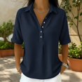 thumbnail image 2 of Womens Summer Tops Waffle Knit Short Sleeve Button Collar Golf Shirts Casual Dressy Trendy Flowy Blouse Women Soft Lightweight Shirts Daily Travel Office Outfits, Dark Blue S, 2 of 4