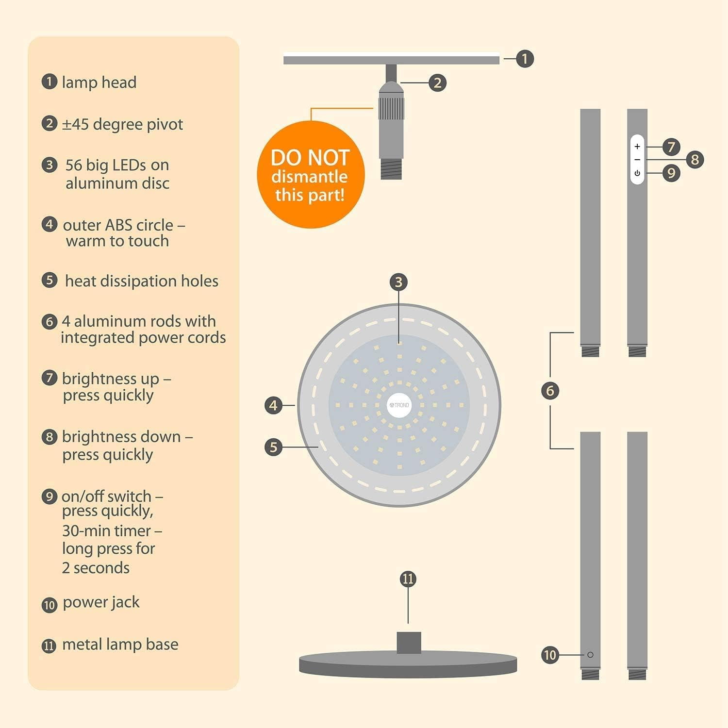 TROND LED Torchiere Floor Lamp, Dimmable 30W, 3000K Warm White, 71 inch Tall, 30-Minute Timer, Silver