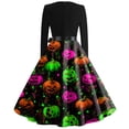 thumbnail image 5 of Women's Halloween Hepburn Dresses Spider Webeb Pumpkin Long Sleeve Spooky Hepburn Dresses Moon Bat Round Neck Funny Hepburn Dress, L, 5 of 5