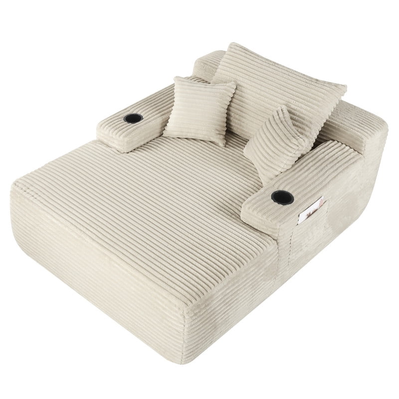 No-Assembly Chaise Lounge Armchair with Throw Pillows, Boneless Single Sleeper Sofa Bed with Cup Holder & Storage Pocket