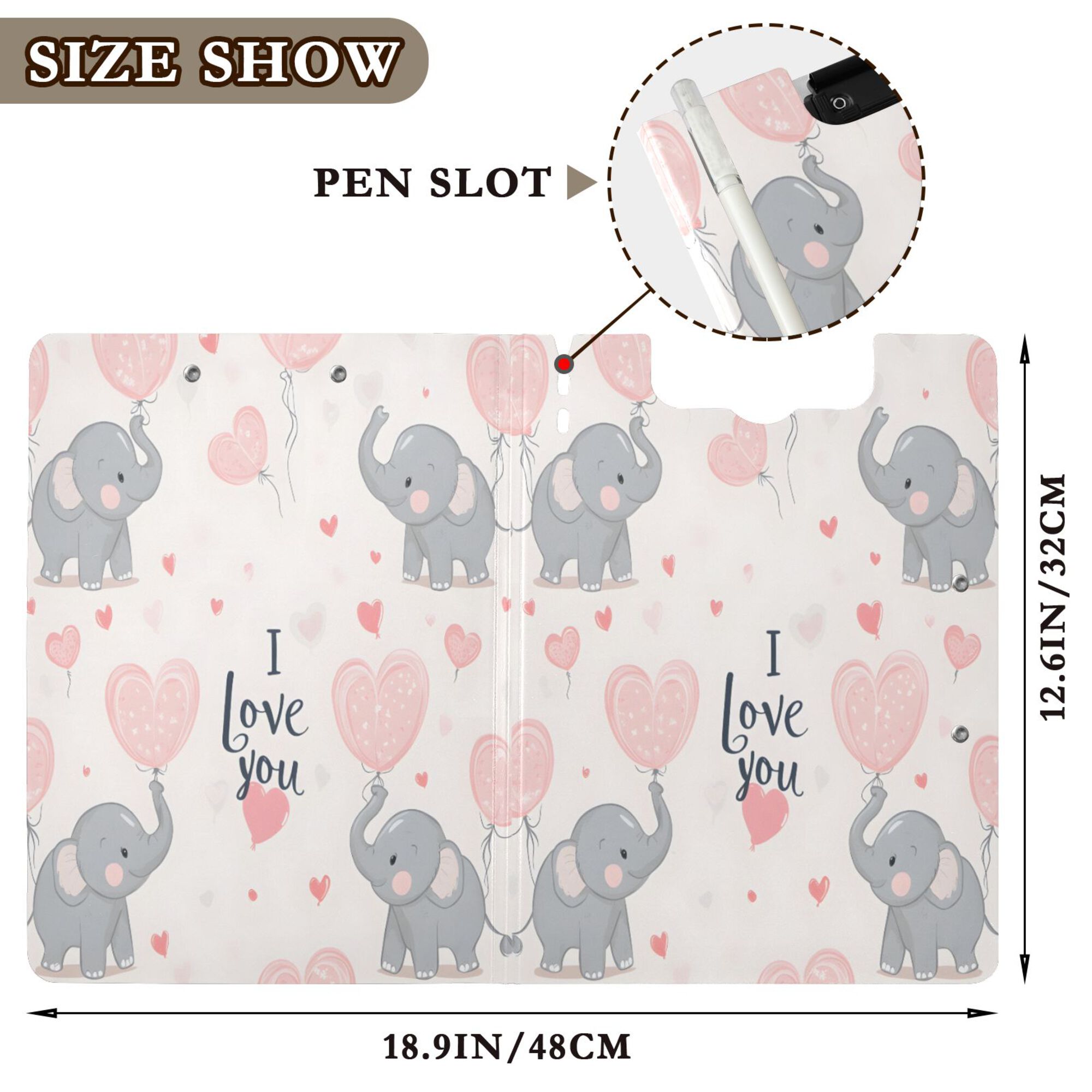FORMRS A4 Clipboard Folder with Pen Holder Horizontal Foldable School Office Binder, Cute Elephant