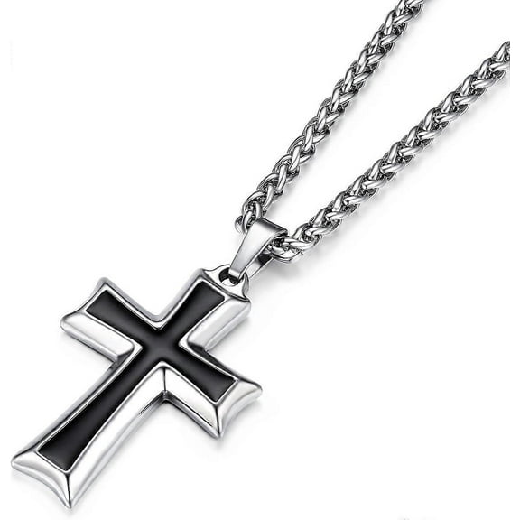 Mens Stainless Steel Cross Pendant Necklace With Wheat Chain