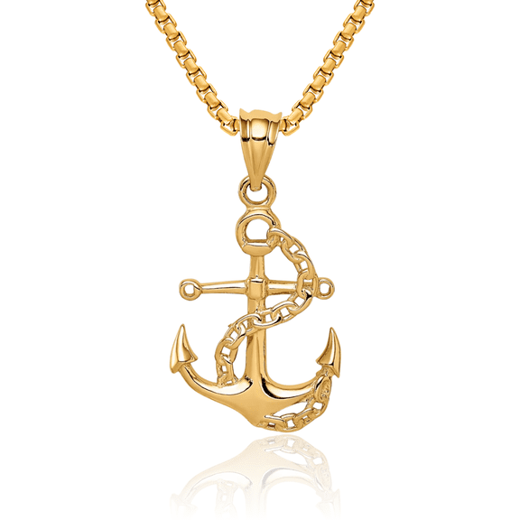 14K Solid Yellow Gold Anchor Mariner Link Chain Necklace Nautical Charm Pendant