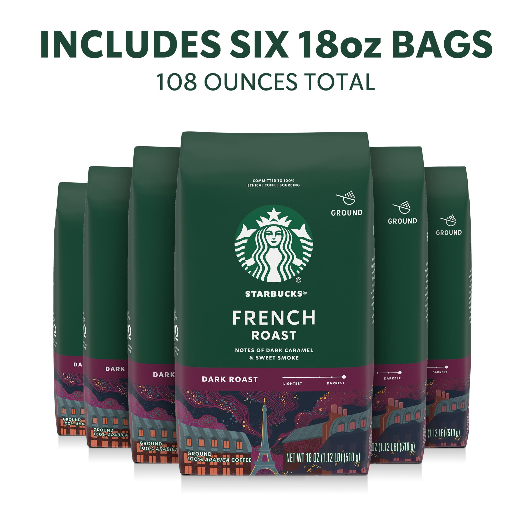 (6 pack) Starbucks French Roast, Ground Coffee, Dark Roast Hot or Iced Coffee, 18 oz