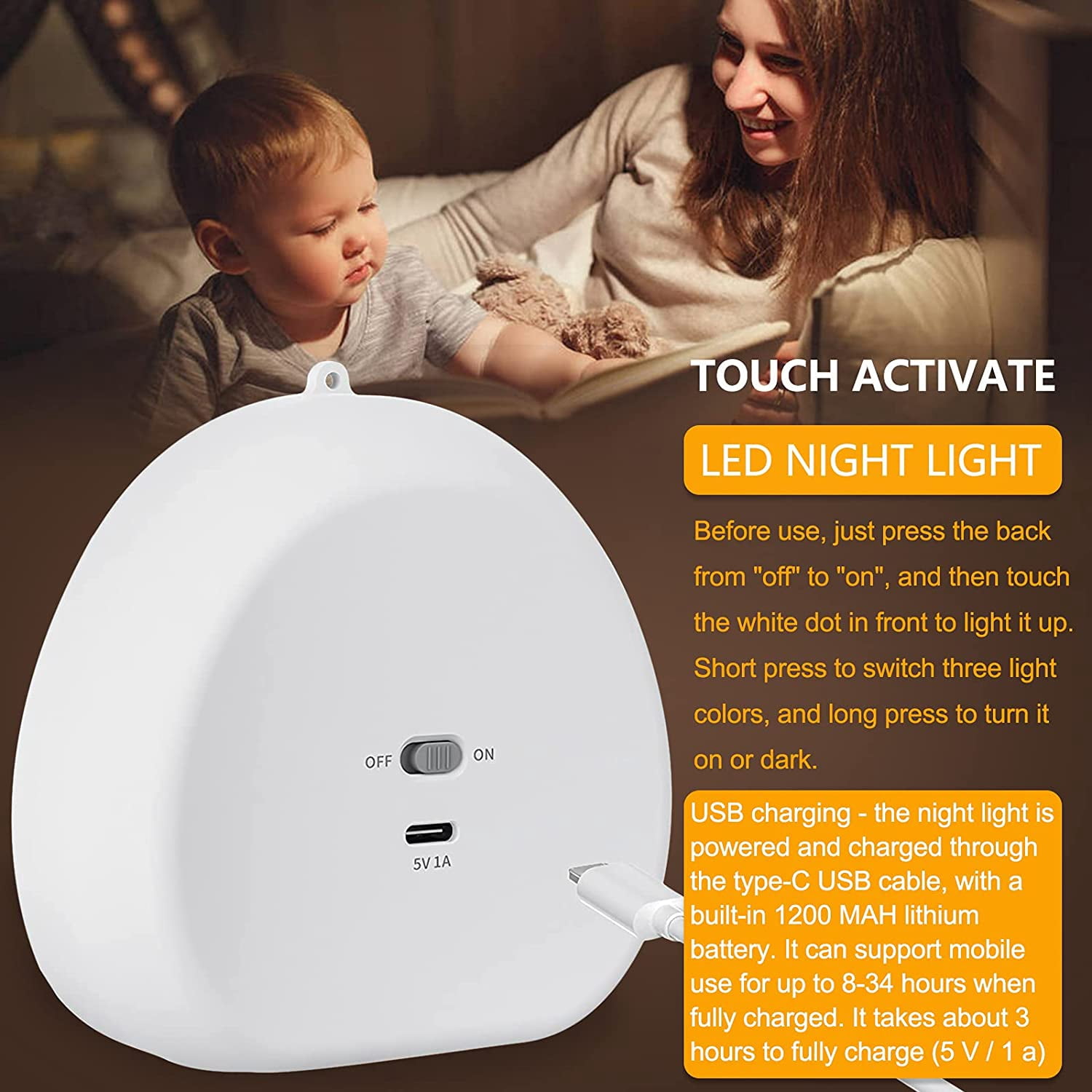 Kids Night Light LED Baby Night Lamp 3 Colors Dimmable Nursing Night Light with Touch Switch, USB Charging Night Lamp for Nursery, Stairs, Living Room