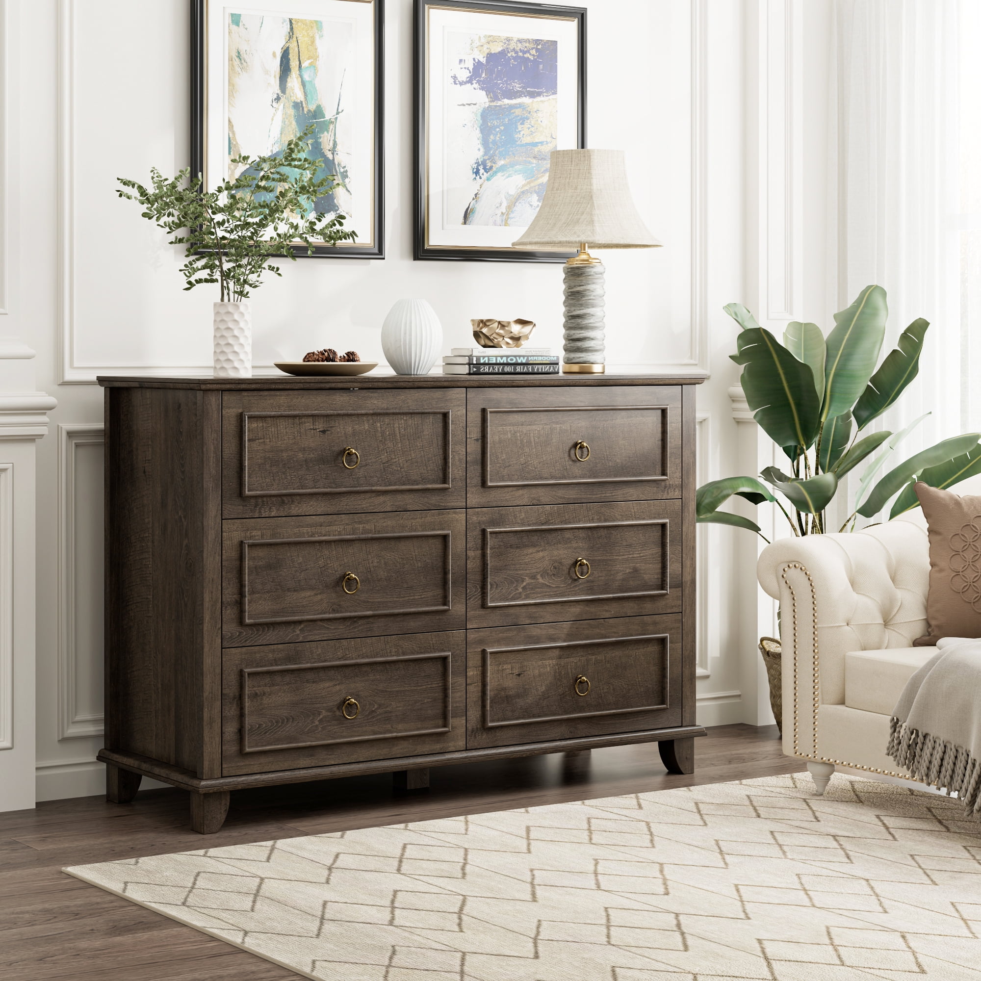 Homfa Double Dresser with 6 Drawers, 47'' Wide Chest of Drawers for ...