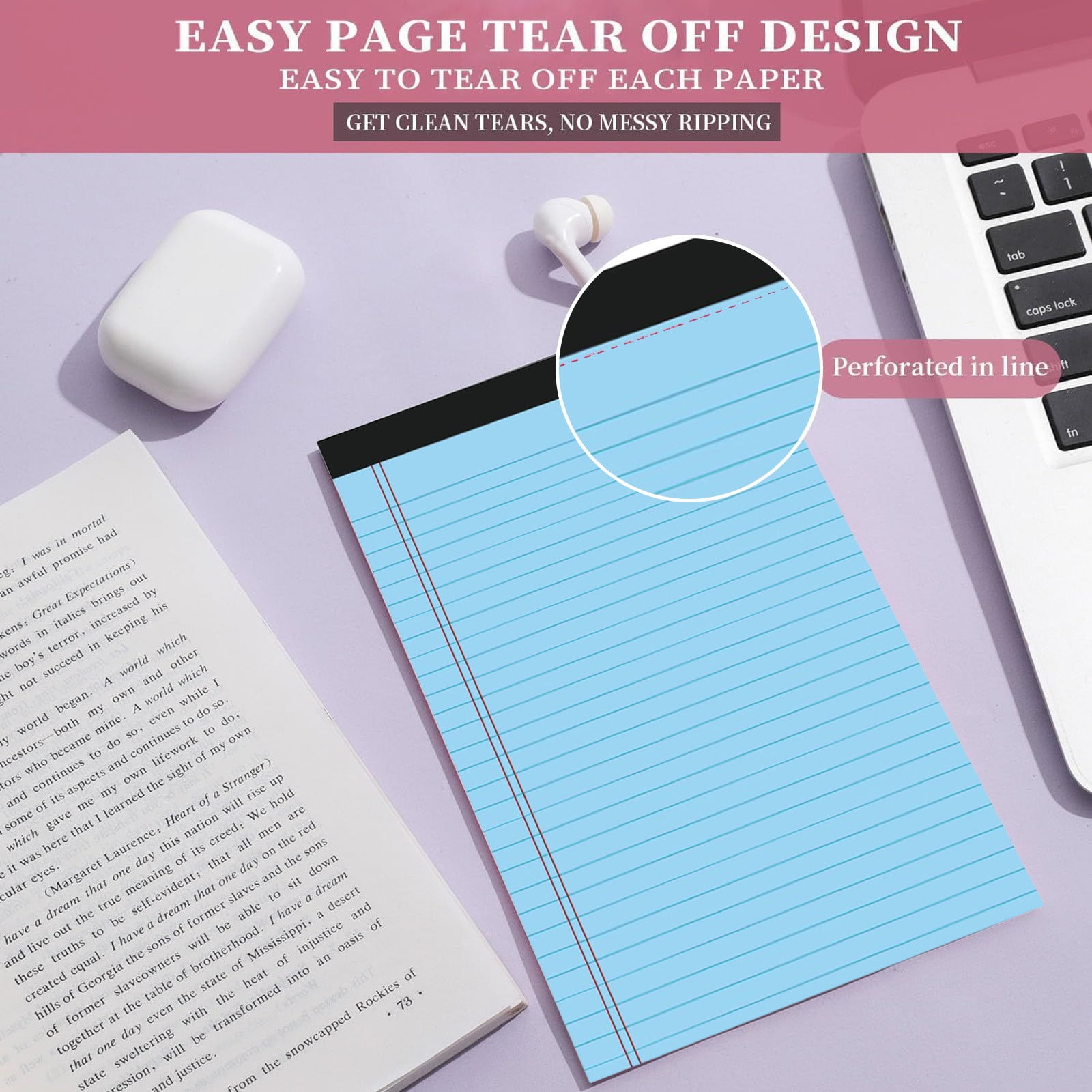 4-Pack A4 Tearable Memo Notepads with Horizontal Lines, Thick No-Bleed Paper Notebook for Planner Journal To-Do List, Flip-Over Binding Design for Students and Professionals