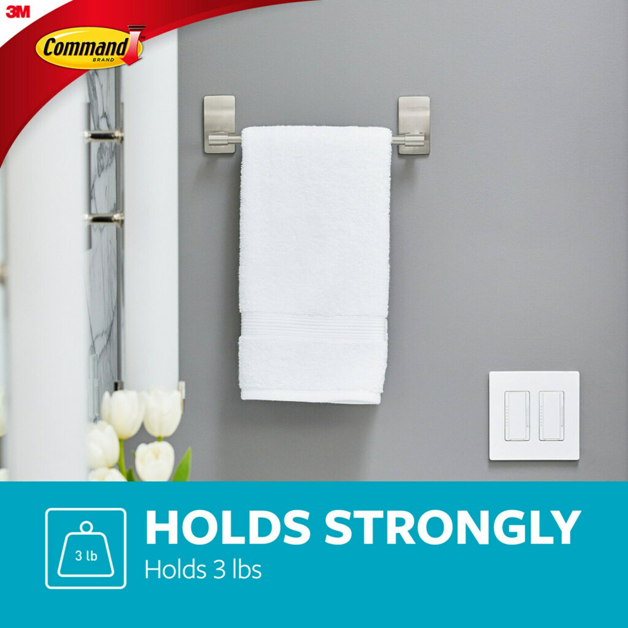 Command Paper Towel Holder, Satin Nickel, 1 Towel Bar, Holds 3 lbs, 9 in., 4 Strips, Bathroom Organization