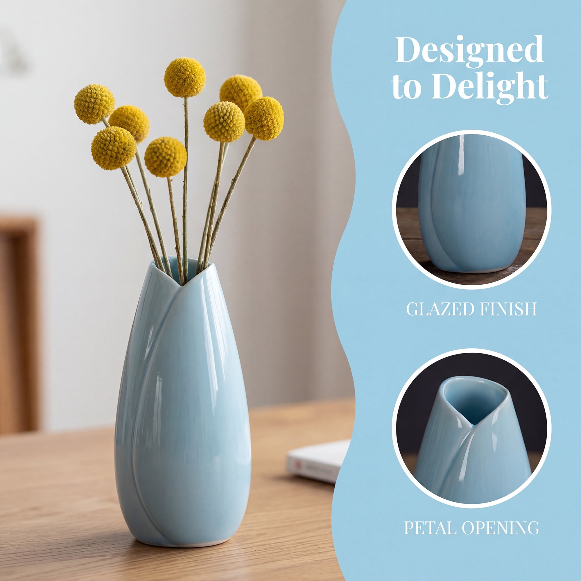 Unique Bargains Modern Matte Ribbed Decorative Flower Vase for Desktop & Bathroom Blue