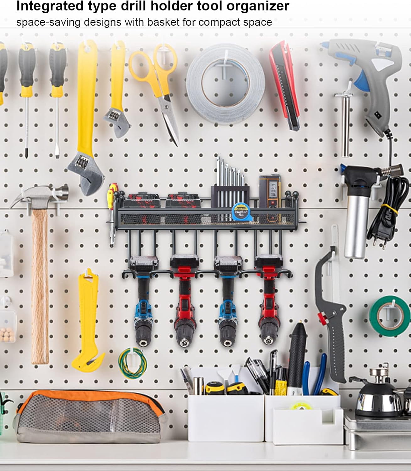 Power Tool Organizer Drill Holder Wall Mount Cordless Drill Storage with 2 Screwdriver Holder, Heavy Duty Tool Organizers And Storage, Tool Garage Organization Tool Rack, Father's Day Gifts