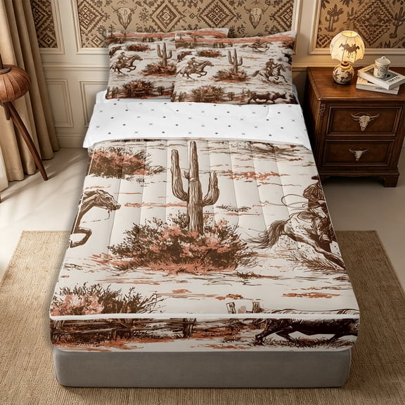 Manfei Rustic Cowboy Zipper Twin Comforter Sets with Fitted Sheet and 2 Pillowcases,Western Cactus Zipper Bedding Set,Orange Brown,Reversible