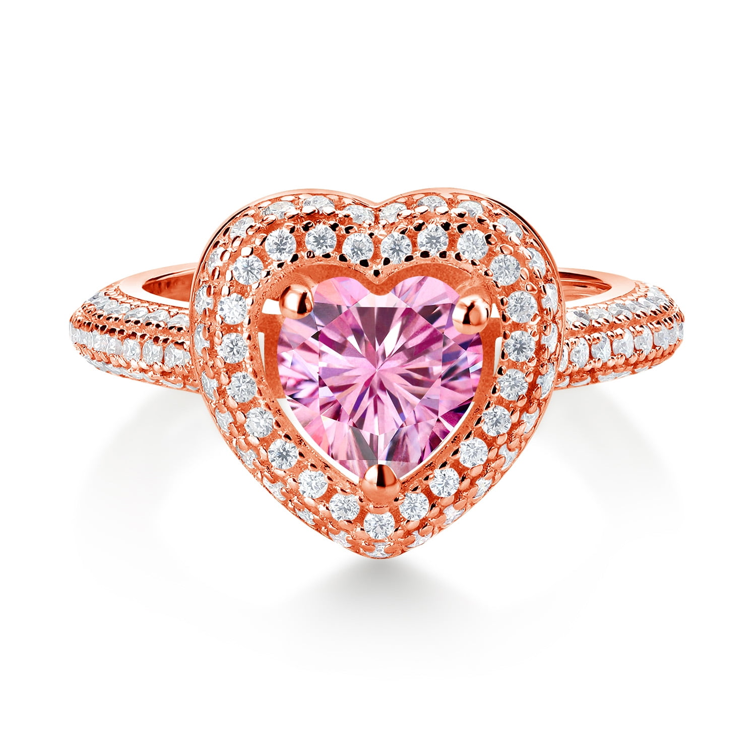 Gem Stone King 18K Rose Gold Plated Silver Pink Moissanite and White Moissanite Heart Engagement Ring for Women (1.69 Cttw, Gemstone, Heart Shape 6.5MM, Size 9)
