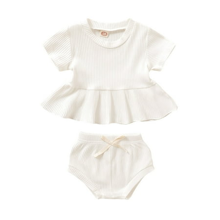 

Chaoren Tops Pit Stripes Elastic Waist Children Girls Solid Color Tops Shorts Suit for Daily Wear