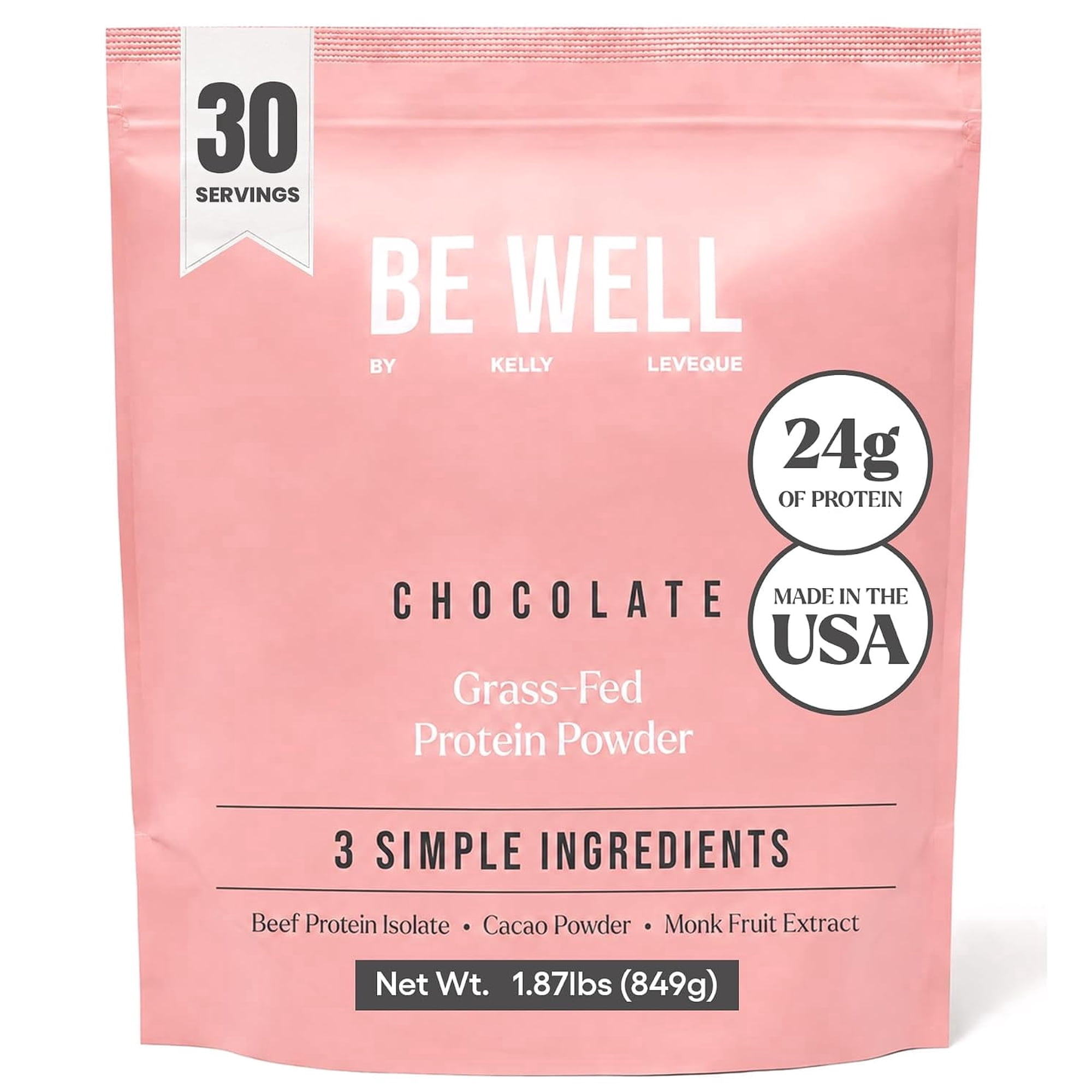Be Well By Kelly Grass-Fed Beef Protein Powder, Chocolate, 24G Protein, 1G Net Carbs, Keto, Paleo, Carnivore, Gluten-Free, 1.87 lbs