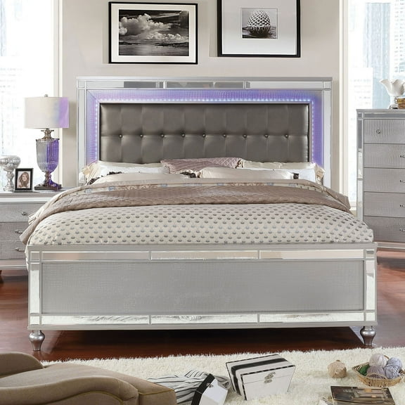 Silver Color Contemporary Style Queen Size Bed 1pc Bedframe Bedroom Furniture Button Tufted Headboard W LED Mirror Trim