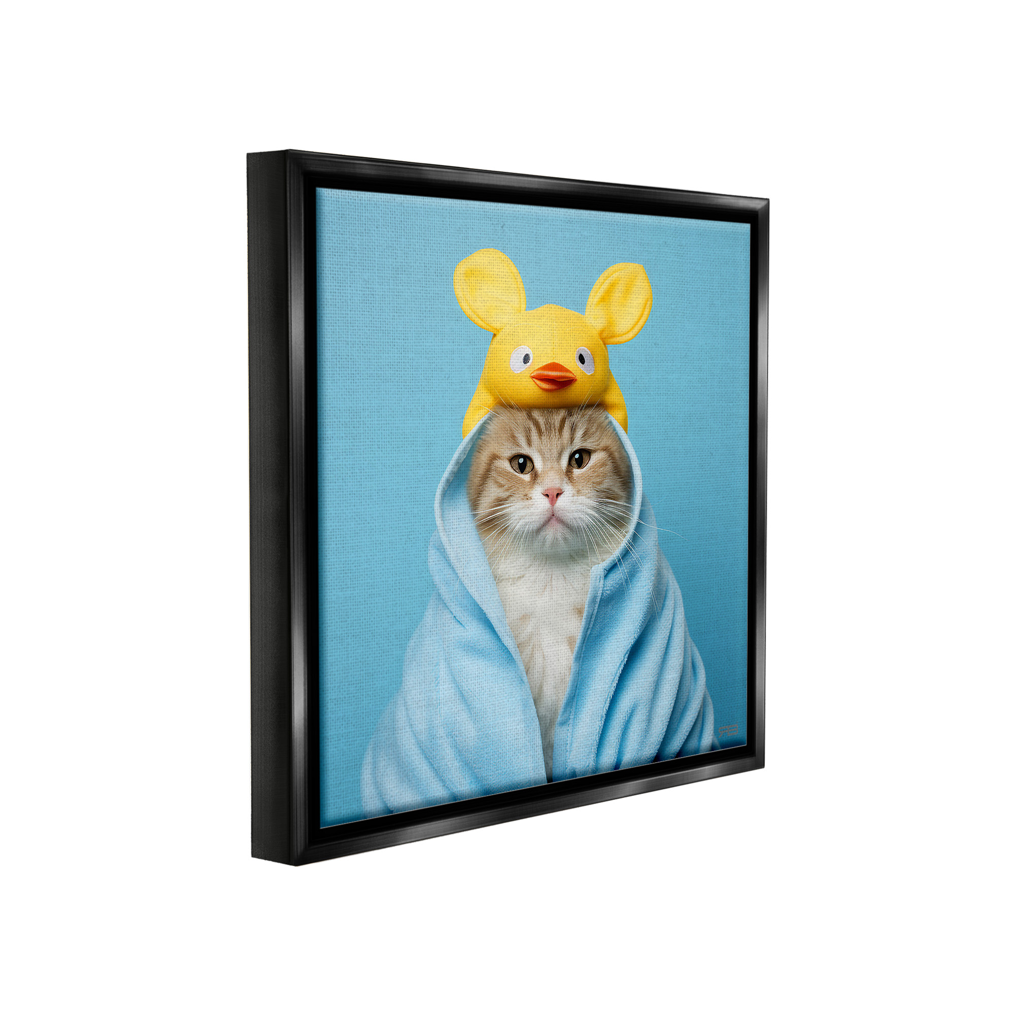 Stupell Industries Cat in Cozy Bathrobe Animals & Insects Painting Black Floater Framed Canvas Art Print Wall Art, 18 x 18