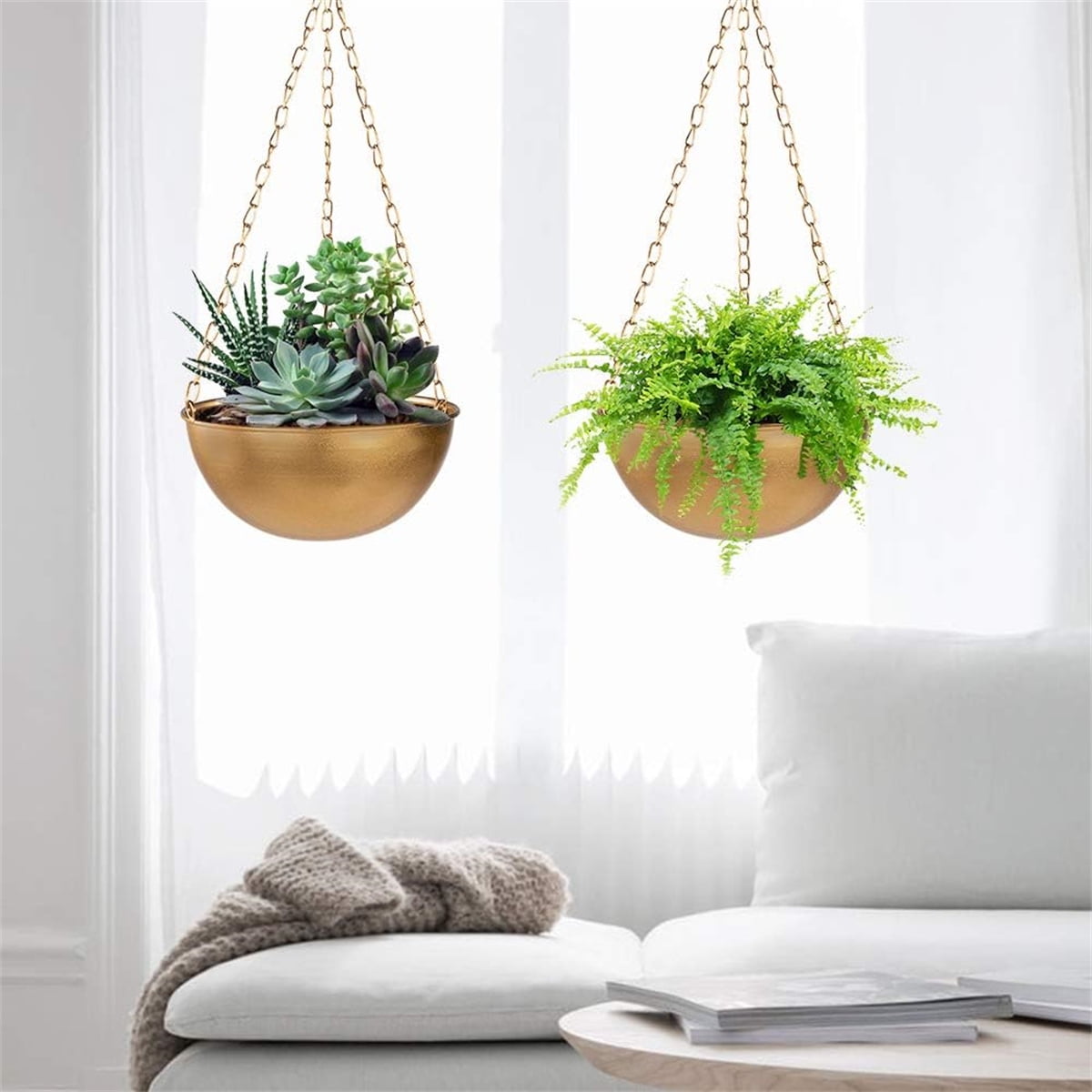 Metal Hanging Planter Basket,Bexikou 2 Pcs Golden Round Plant Pot with Chain,Hanging Plant Holder for Home Decor, Indoor & Outdoor Use