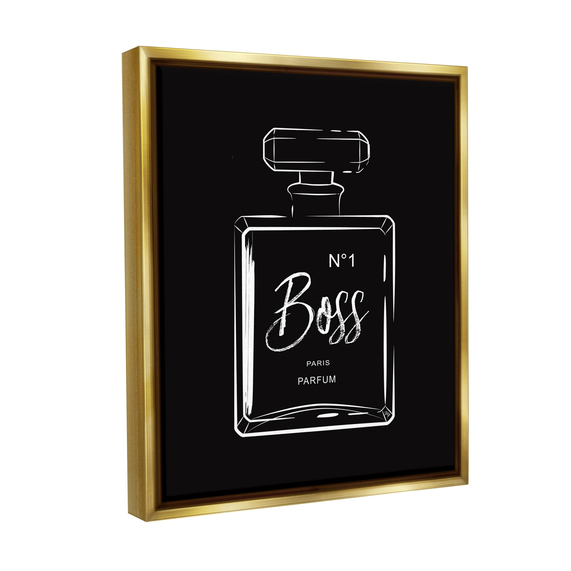 Stupell Industries Boss Perfume on Black Beauty & Fashion Painting Gold Floater Framed Canvas Art Print Wall Art, 17 x 21