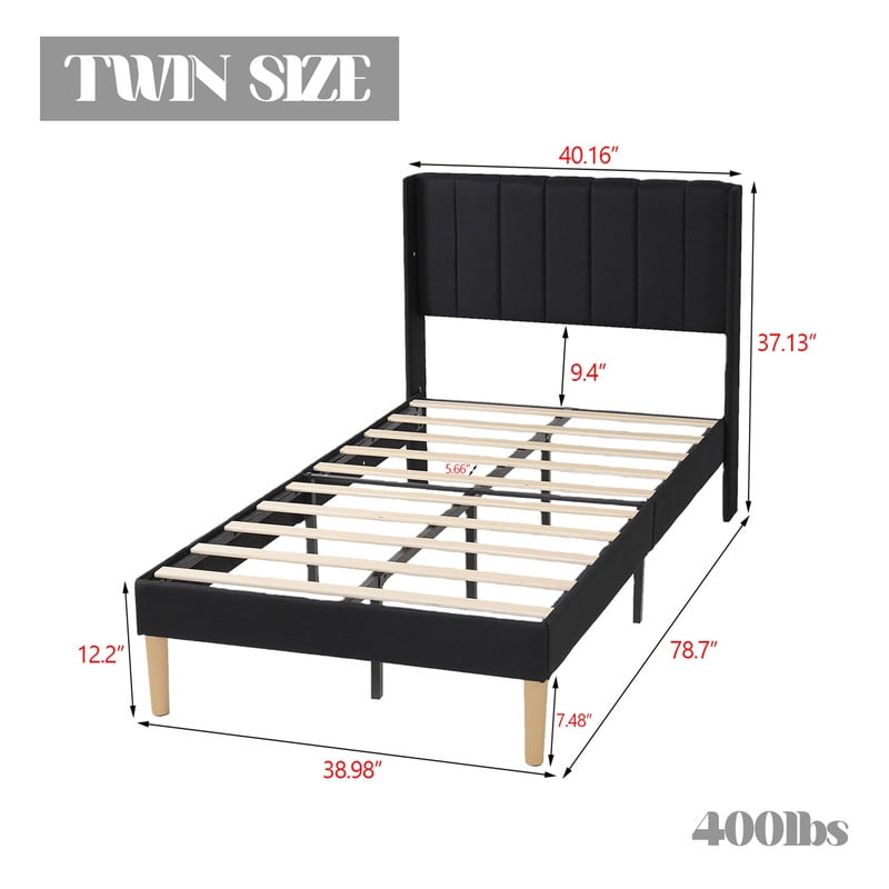 Pillfn Upholstered Platform Twin Size Bed Frame with Headboard Wooden Slats Support,Black
