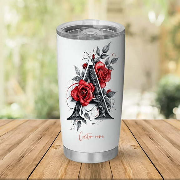 Floral Personalized Initial 'A' 20oz Tumbler for Women, Custom Coffee Travel Mug with Lid, Flower Art Stainless Steel Cup, Birthday Present, Wedding Keepsake