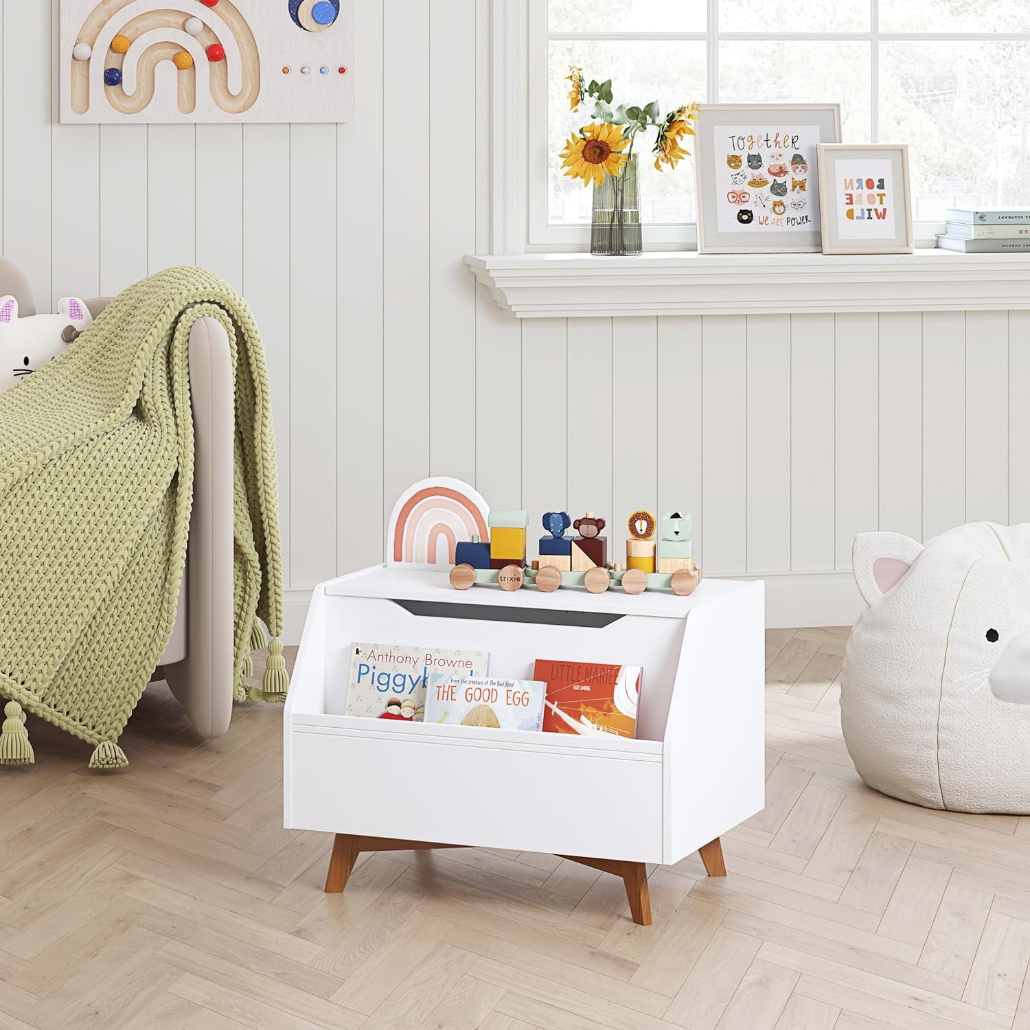 Kids Toy Box with Bookshelf Storage Organizer  for Boys and Girls, White Wooden Toy Chest with Safety Lid and Front Book Rack for Playroom Bedroom