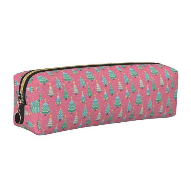Fotbe Pastel Christmas Trees on Pink Estuche para Lápices de Cuero con Estampado, Estuche con Cremallera Resistente, Organizador Compacto y Elegante para Papelería