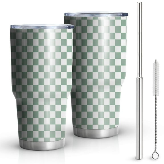 30oz Green and White Checkerboard Pattern Tumblers Stainless Steel Tumbler with Lid and Straw,Vacuum Insulated Double Wall Travel Tumbler Cups Mug with Cleaning Brush for Coffee,Tea