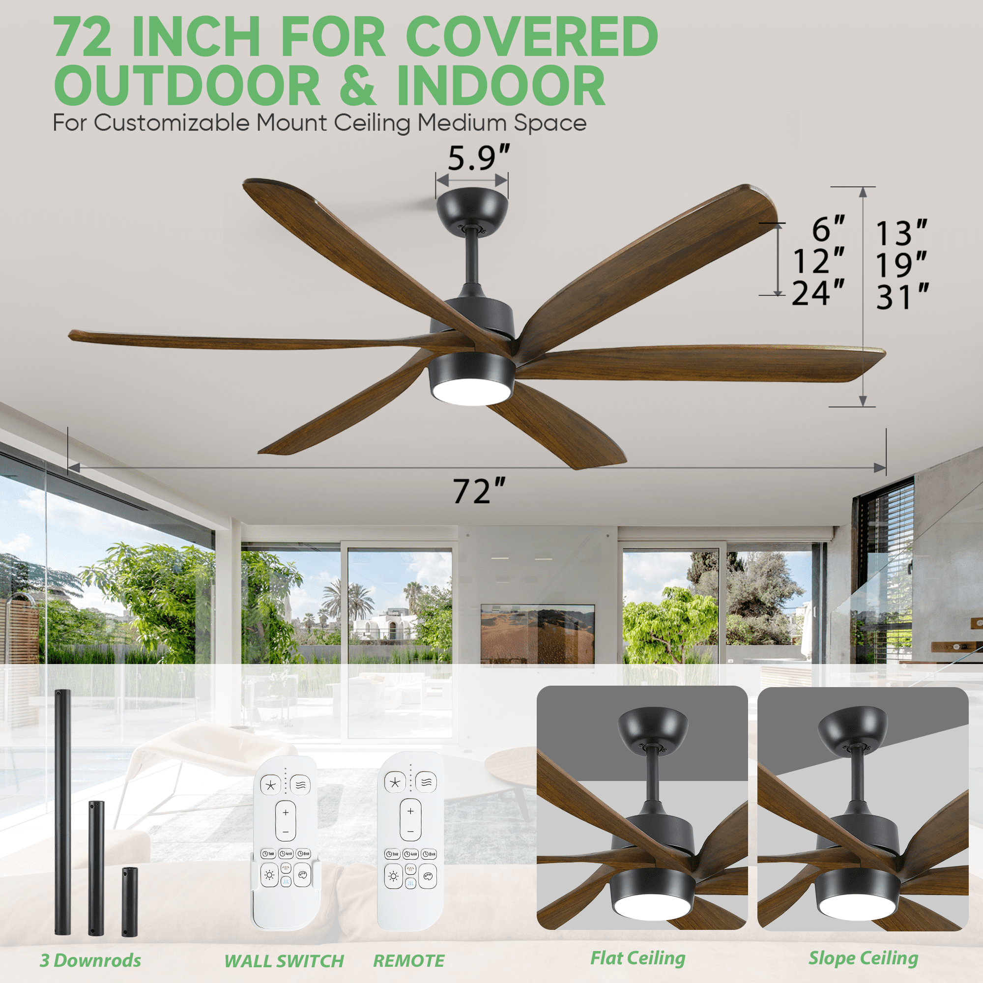 72 in Outdoor Ceiling Fan for Patios with Light and Remote, Reversible 6 Blades Wood Modern Farmhouse Fan for Indoor Exterior Porch Living Room Garage