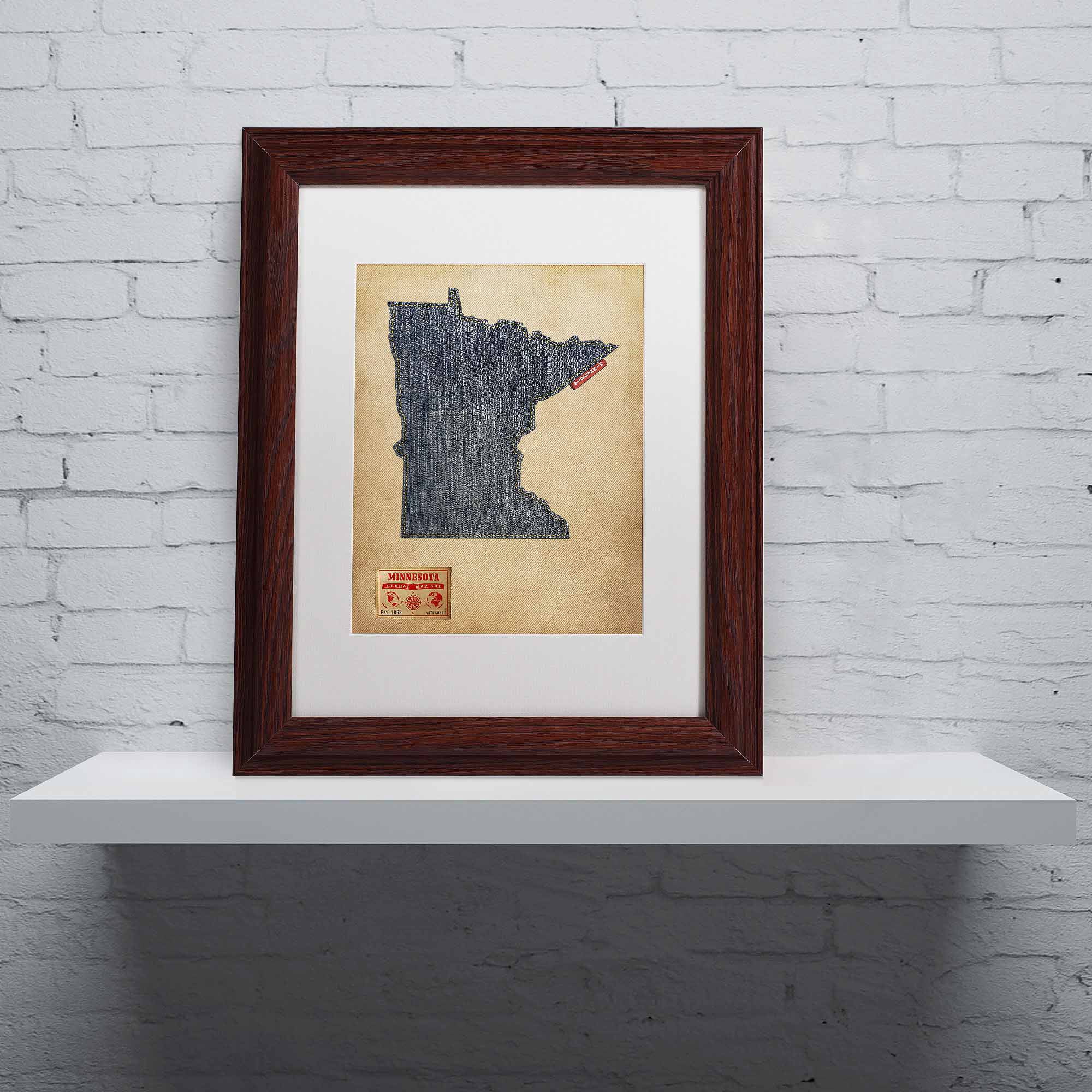 Trademark Fine Art "Minnesota Map Denim Jeans Style" Canvas Art by Michael Tompsett, White Matte, Wood Frame