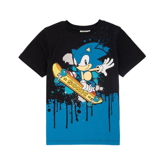 Sonic the Hedgehog Skater Sonic Placement Print Boys Black Short Sleeved T-Shirt | 4-5 Years | Made by Vanilla Underground