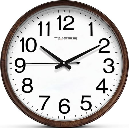TIMESS 13 Silent Wall Clock with Brown Wood-Like Frame, Large Numbers, Classic Style, No Ticking