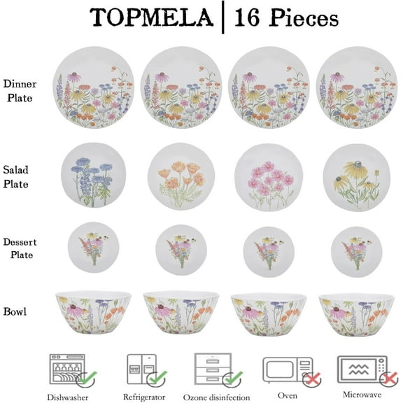 Floral Melamine Dinnerware Set, 16 Pieces for 4, Indoor and Outdoor Use